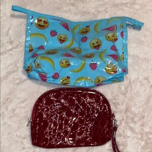 Blue Emoji Print Pouch and Red Wristlet